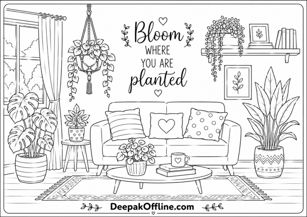Cozy plant filled living room for coloring