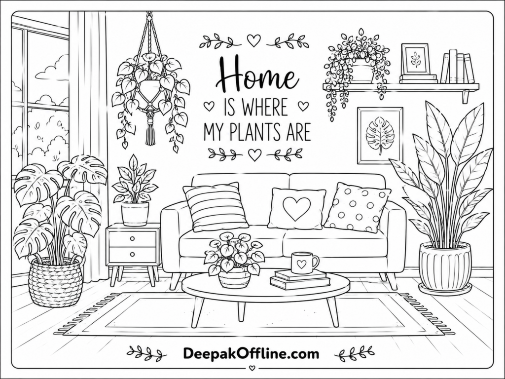 Cozy plant filled living room illustration