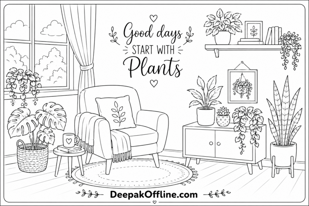 Cozy reading nook with plants