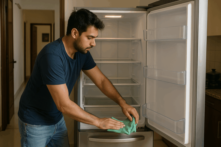 man cleaning fridge