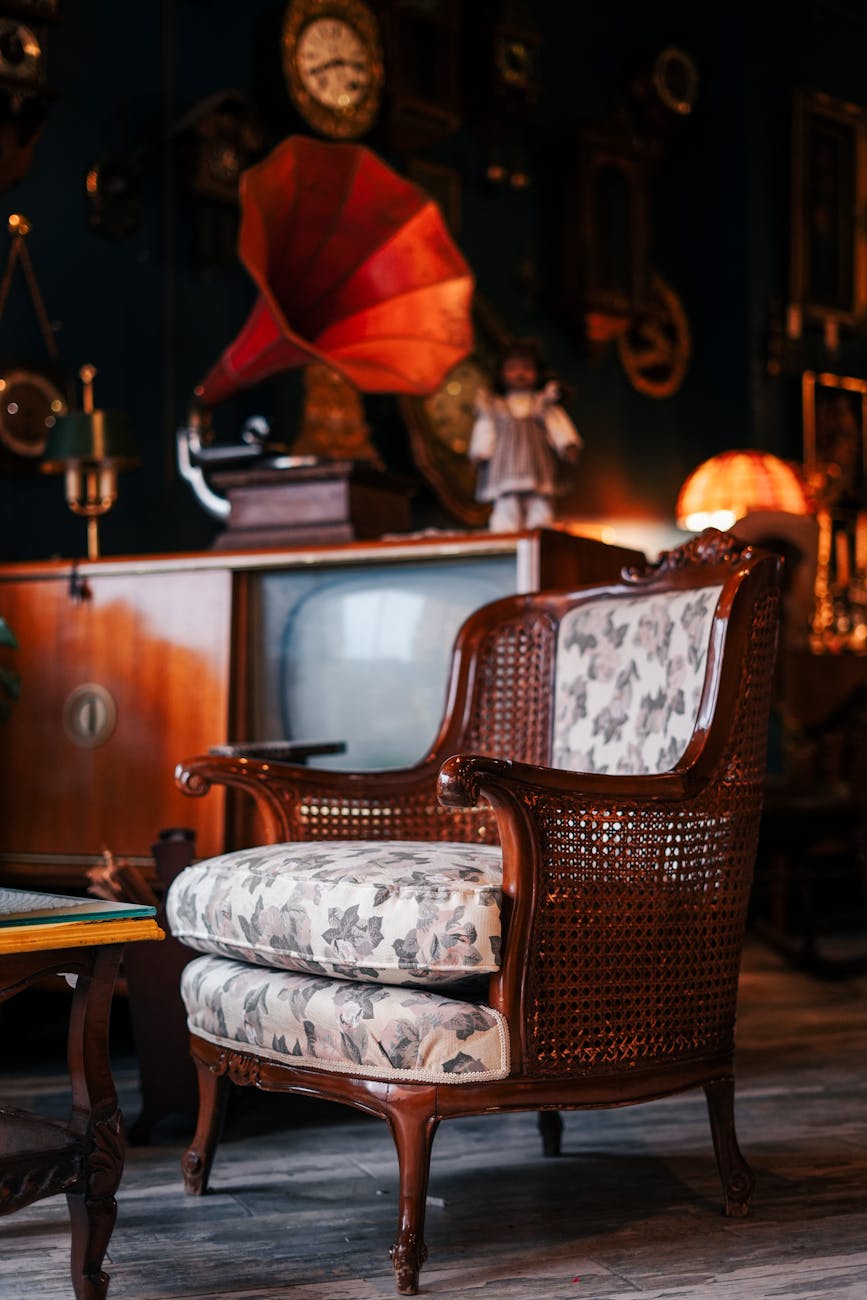 photo of an armchair and a vintage tv