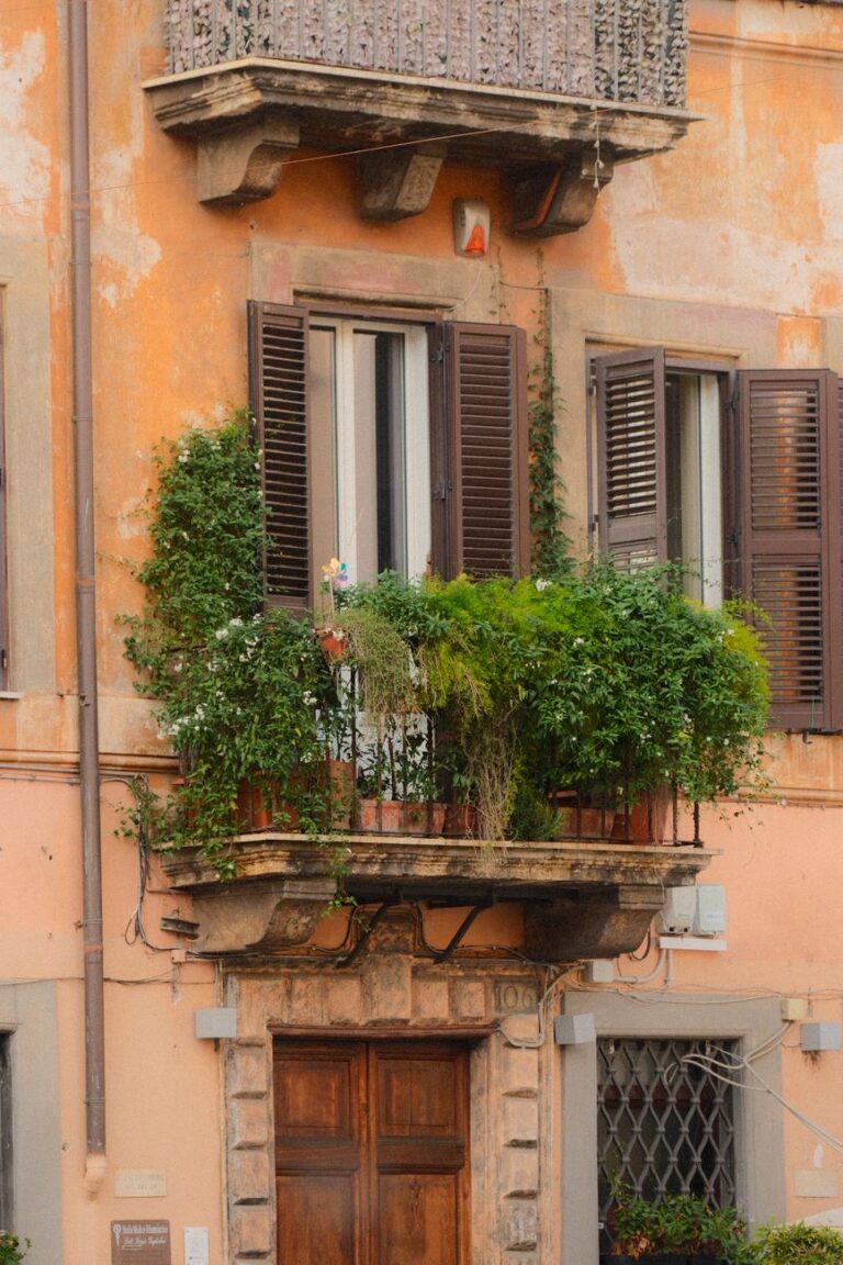 charming rustic balcony with lush greenery
